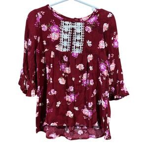 Girls Red Floral Top - Size 5 - 3/4 Sleeves - Cute Blouse